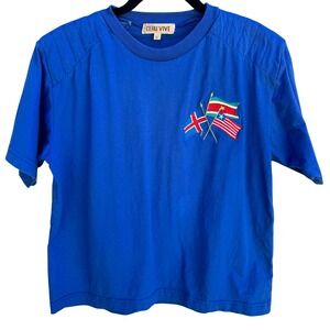 L'eau Vive Vintage 90s Iceland Flag Embroidery Shirt Quilted Shoulder Blue Men L